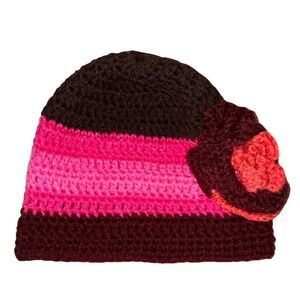 Beanie Hat Women's‎ OS Purple Pink  Orange Crochet Handmade Flower  NEW